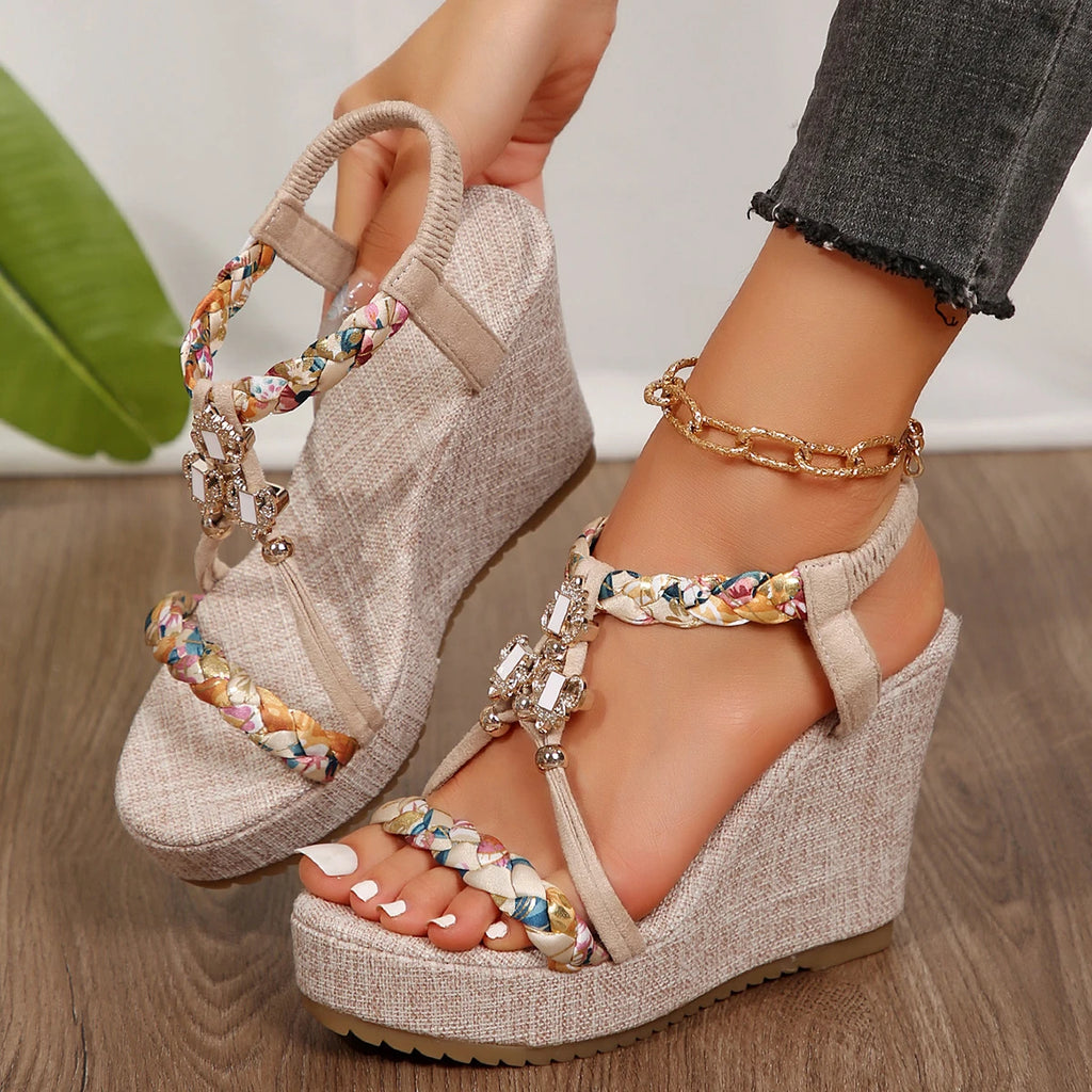 Metal Decor Wedge Sandals for Women Summer 2024 Braided Band Platform Gladiator Sandals Woman Thick Bottom Beach Sandalias Mujer