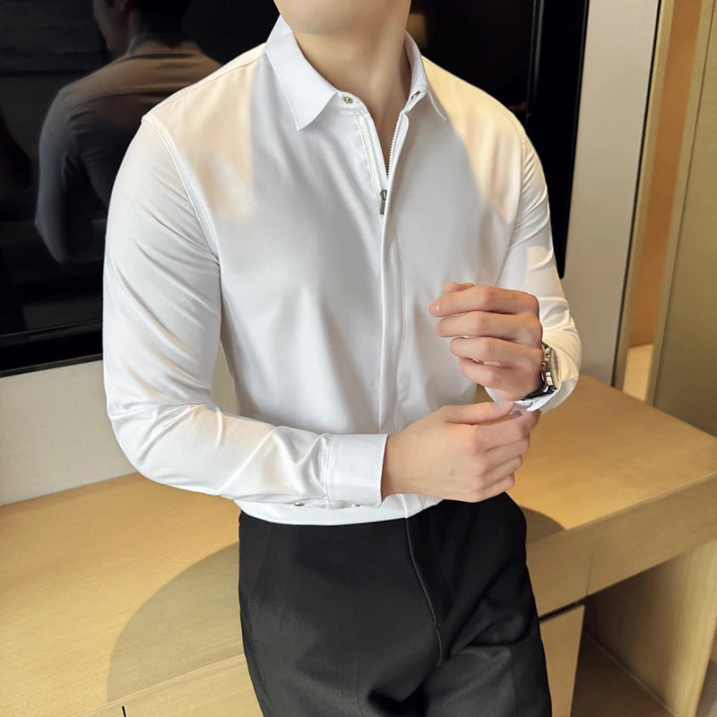 2024 England Style Shirts Men Fashion Slim Fit Long Sleeve Zipper Shirts Man Solid Color Smart Casual Male Blouse