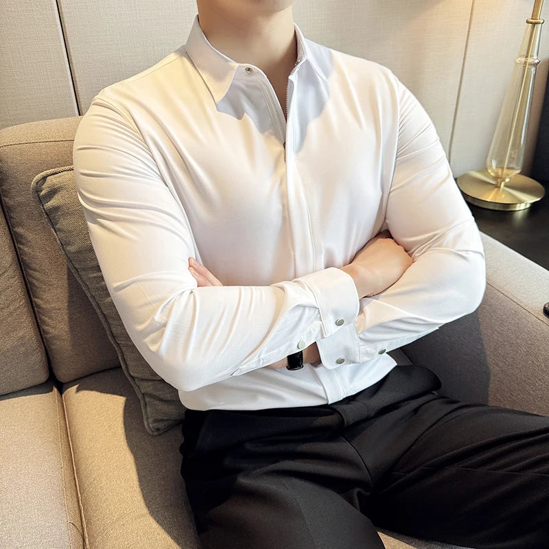2024 England Style Shirts Men Fashion Slim Fit Long Sleeve Zipper Shirts Man Solid Color Smart Casual Male Blouse