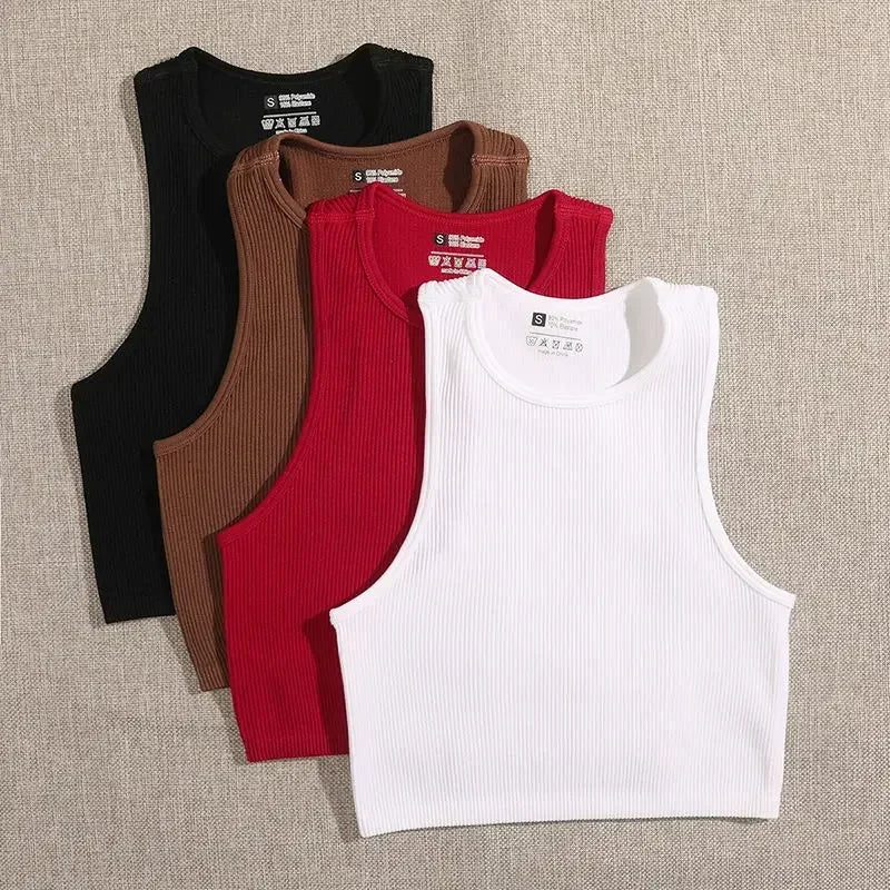 Crop Top Women Solid Basic T-shirts Vest Seamless Streetwear Elastic Rib-Knit Sleeveless Casual Tank Tops Female