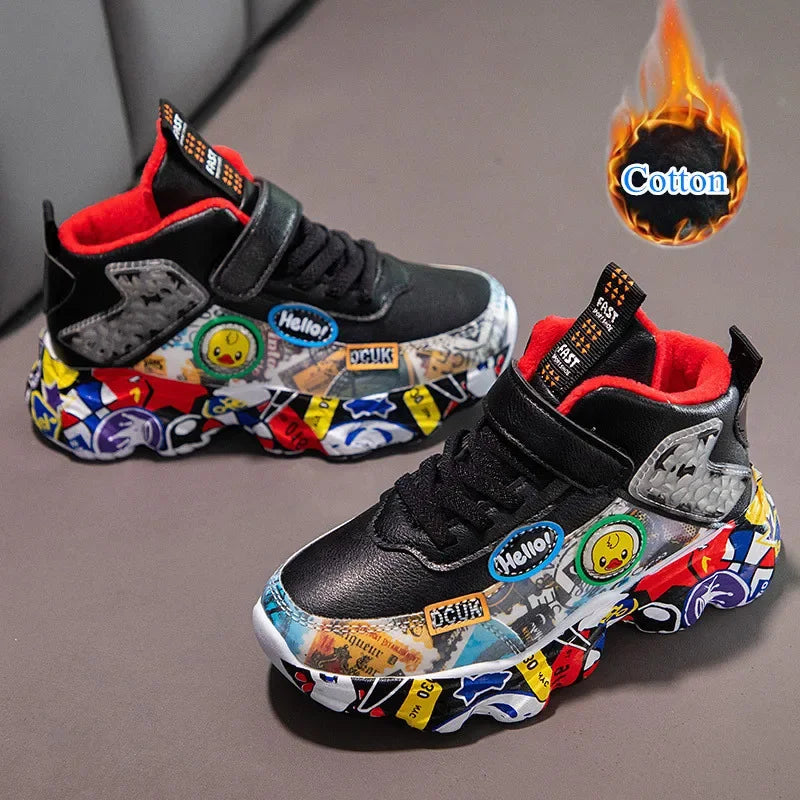 Size 26-37 Children Sports Sneakers for Girls Kid Cartoon Graffiti Pattern Casual Shoes Boys Basketball Shoe chaussures de sport