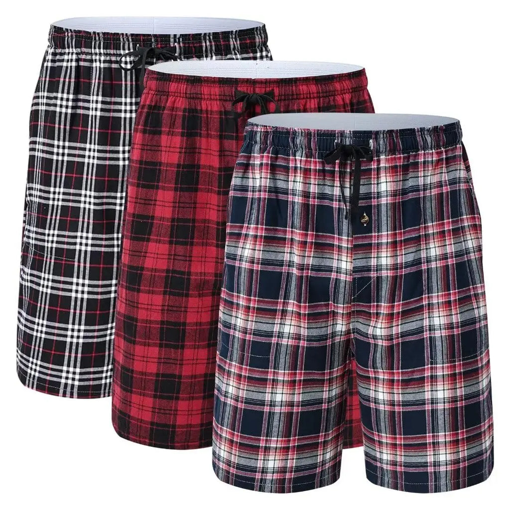 3Pcs 100% Cotton Pajama Sleeping Pants, Men Plaid Elastic Waist Cozy Sleeping Shorts, Cozy & Soft Homewear Plaid Pants Set