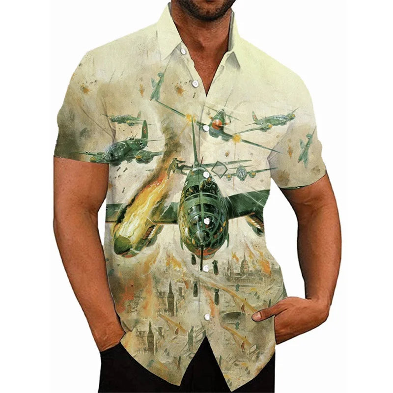 3D Printed Fighter Plane Pattern Hawaiian Shirts For Men Short Sleeve Casual Button Shirt Tops Mens Hip Hop Shirts Streetwear