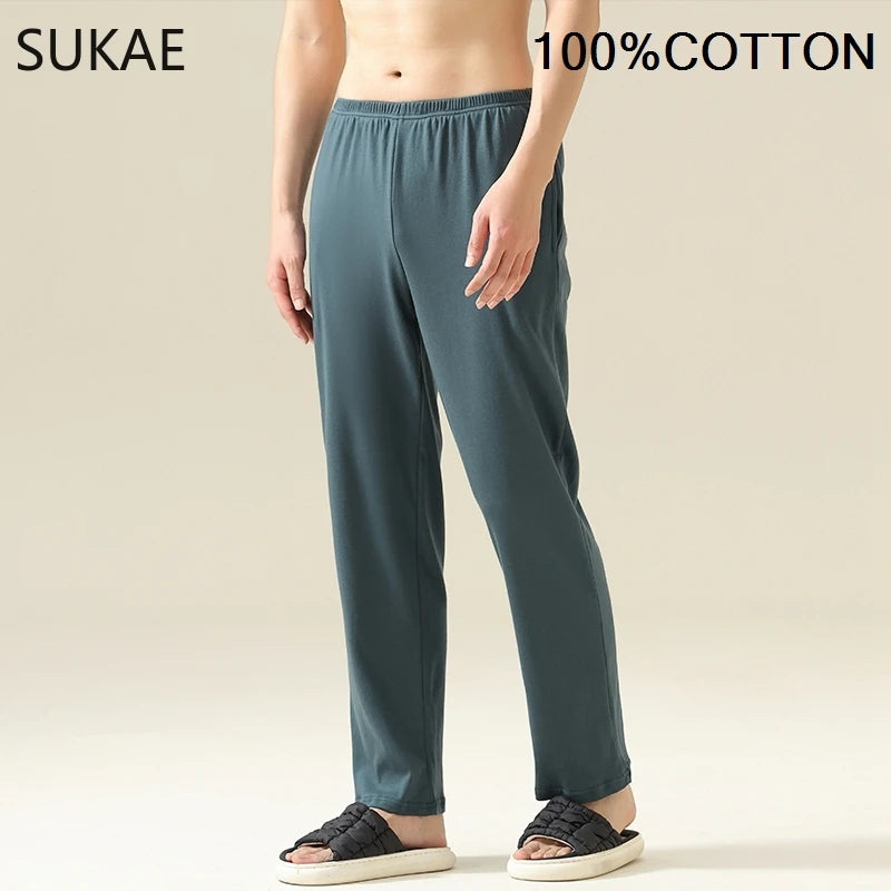 SUKAE 100% Cotton Mens Sleep Bottoms Autumn Spring Male Full Pants HQ Plaid Pj Pants for Boy Sleeping Long Lingerie for Man