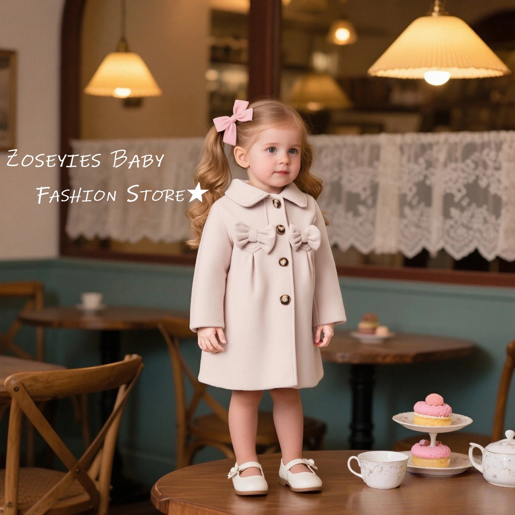 Girls' Coat Autumn/Winter Solid Color Bow Collar Wool Girls' Outerwear Top Casual Warm Baby Coat Baby Winter Clothes