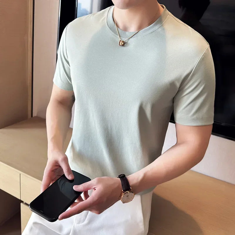 Mens T-shirt 2024 Summer New Thin Ice Silk Pure Cotton Top Round Neck T-shirt Sports Fitness Running Casual Mens Clothing