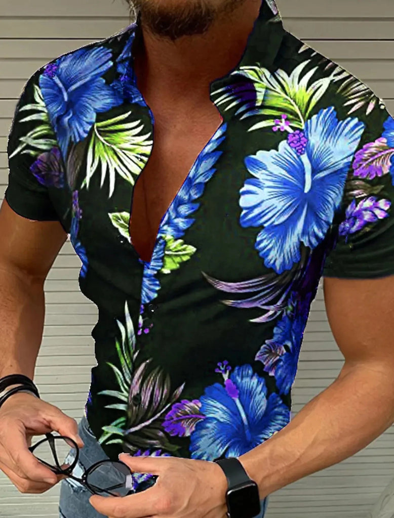 Men's New Flower Shirt Street Fashion Mature Men's Tops Maple Leaf Print Pattern Hawaiian Shirt Short Sleeve Casual Comfortable