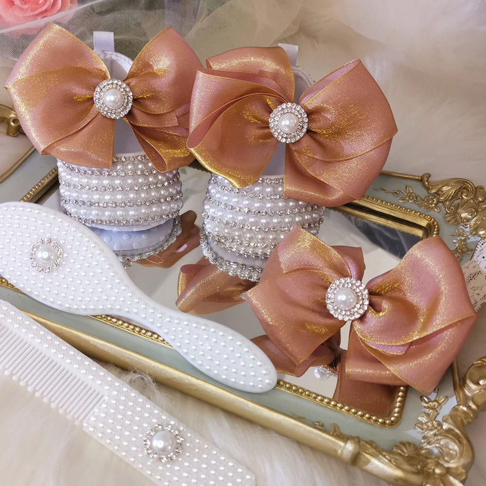 Dollbling Sparkle Pearly Baby Shoes and Headband Newborn Pacifier Gift Set Ivory Bead Designer Brand 0-1Y Girl Crib Ballet Shoes