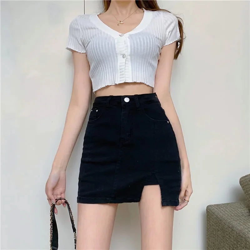 Split Denim Skirts Women High Waist Elastic Sexy Slim Mini Skirt Summer Fashion Female Casual Bottoms Vintage Female Y2k Clothes