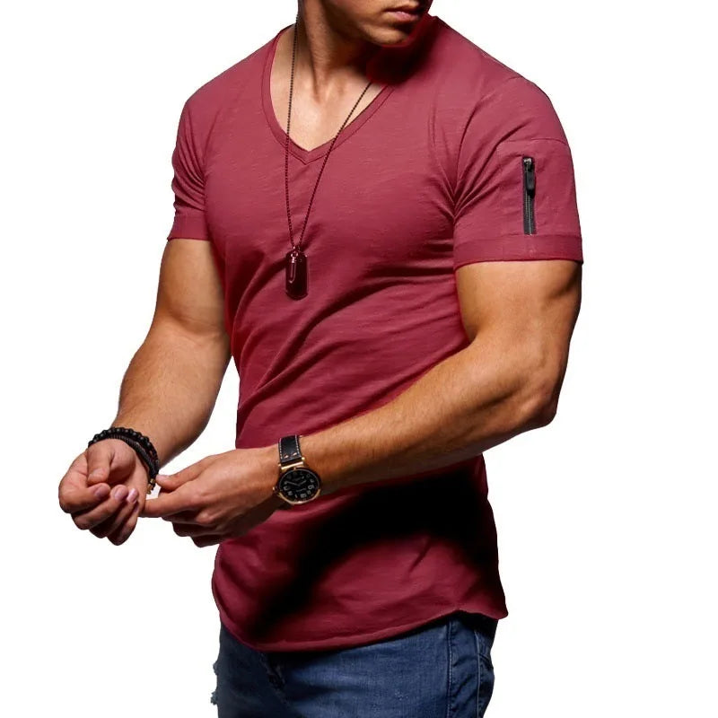 Summer Top Quality Hip Hop T Shirt Men Solid Color Design V-neck T-shirt Casual Classic Men's Clothing Tops Tee Shirt Men