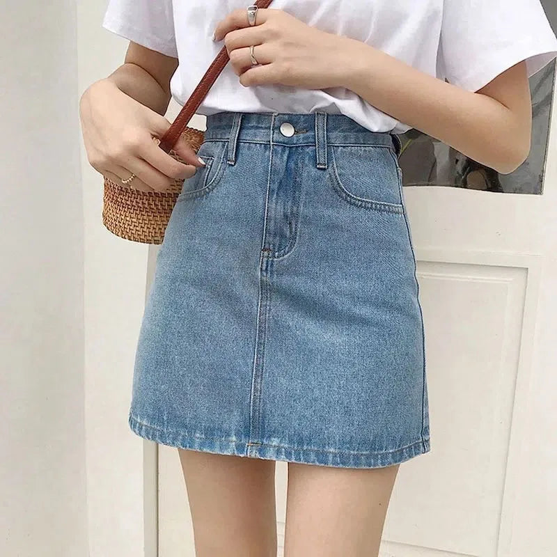 Lucyever Women's Denim Skirt 2023 Summer High Waist A Line Mini Skirt Female Casual Pocket Solid Simple Jeans Skirt