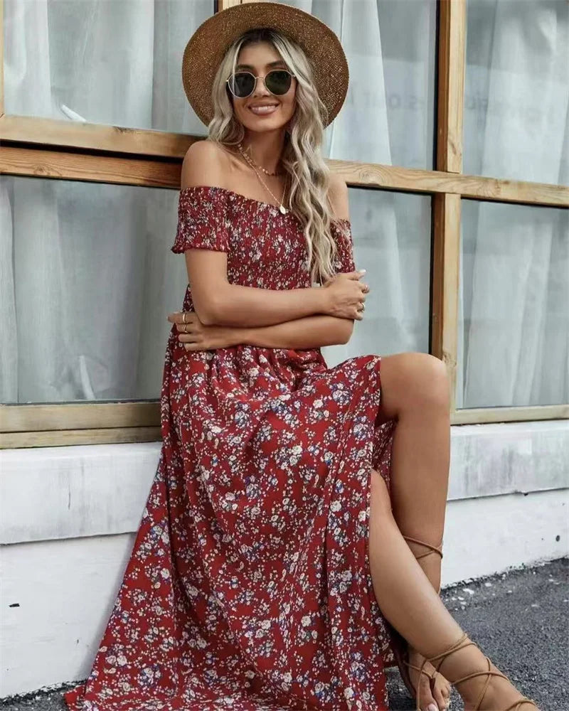 Fashionable Comfortable Bohemian One-Shoulder Floral Long Dress Casual Women's Dress New Arrival Elegant Gown