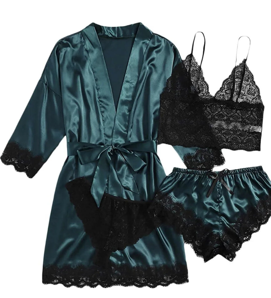 European and American women's pajamas underwear 4-piece set Lei suspender pajamas women's summer set nightgown nightgown