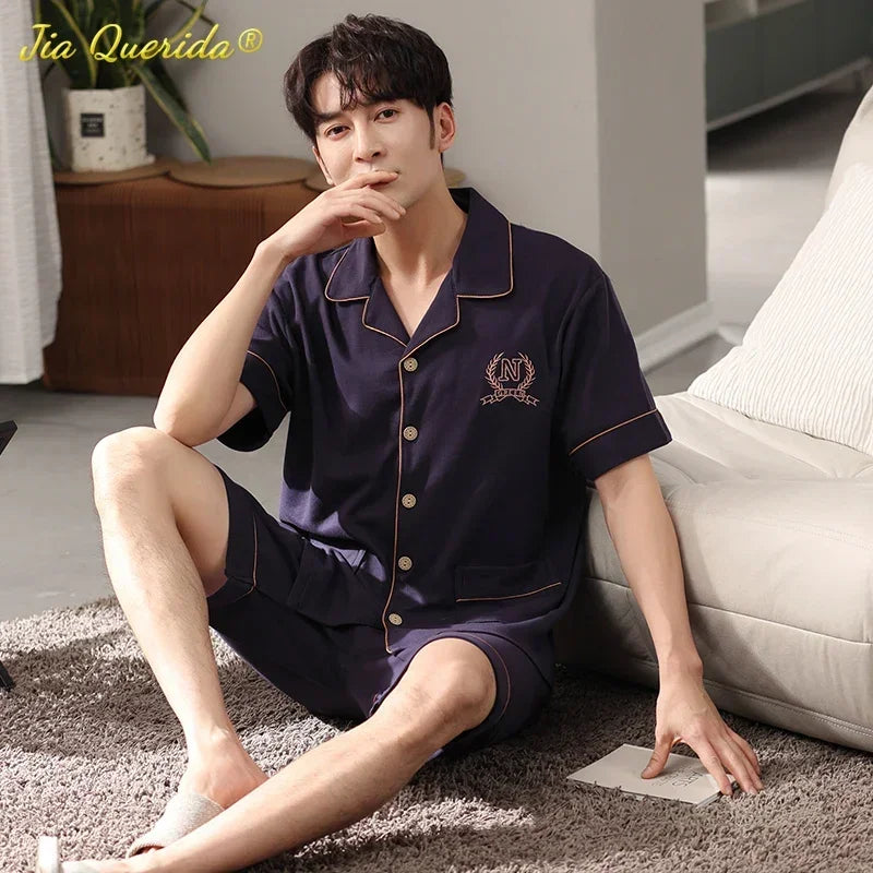 SUKAE Men Nightwear Home Clothing Summer Shorts Two Pieces Cotton Big Size 3xl 4xl Pajama V Neck Japanese Kimono Pjs Sleepwear