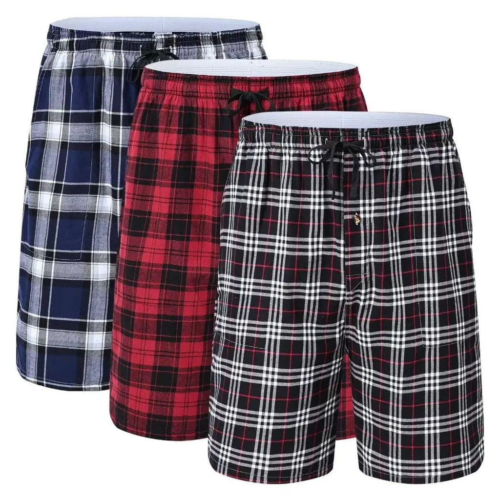 3Pcs 100% Cotton Pajama Sleeping Pants, Men Plaid Elastic Waist Cozy Sleeping Shorts, Cozy & Soft Homewear Plaid Pants Set