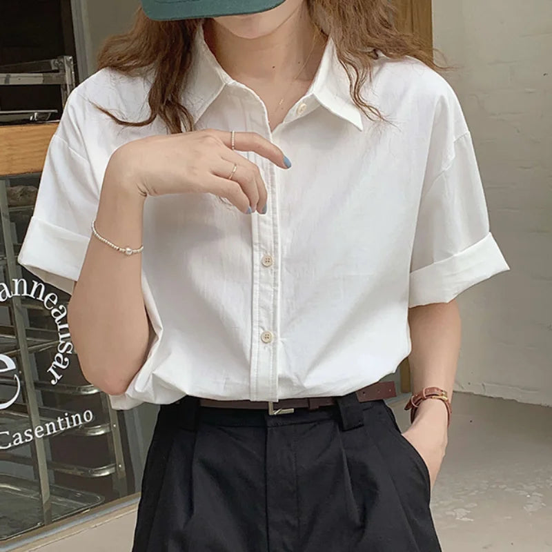 Spring Summer New White Loose Button Blouse Long Sleeve Polo neck All-match Shirt Tops Fashion Office Women Clothes