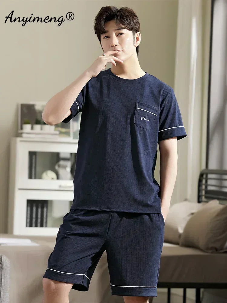 Sleepwear Set for Man Summer 2023 New Knitted Cotton Lounge Wear V Neck Leisure Home Suit Plus Size 4xl Two Piece Pajama Set Men