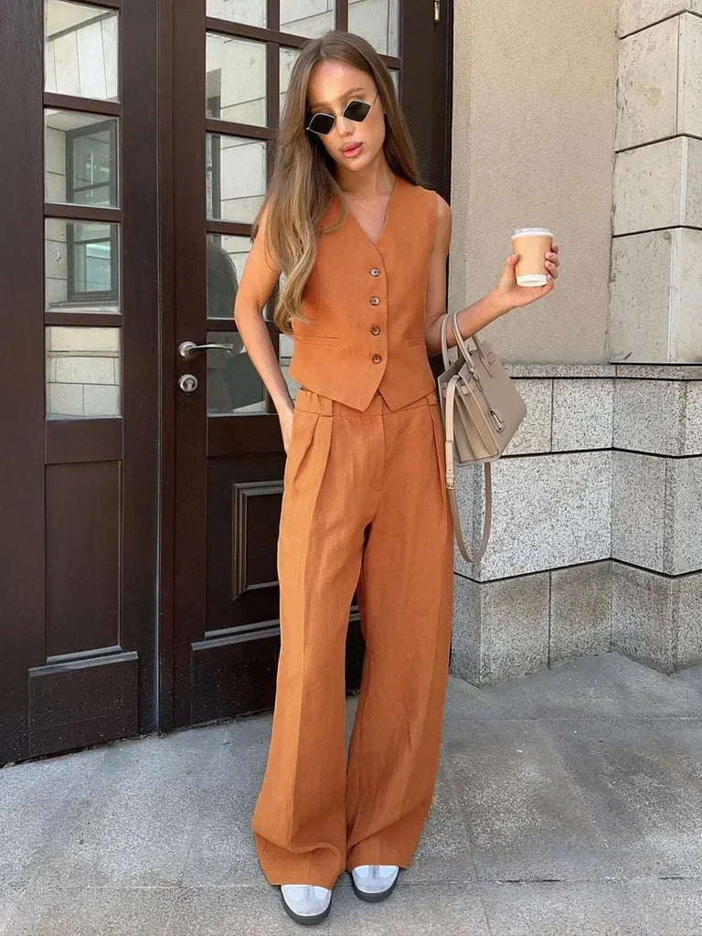 Wolfeel Womem Linen Cotton Chic Vest ＆ Pants Suit Two-Piece Set Office Ladies Summer Chic 2 Piece Sets Womens Outfits