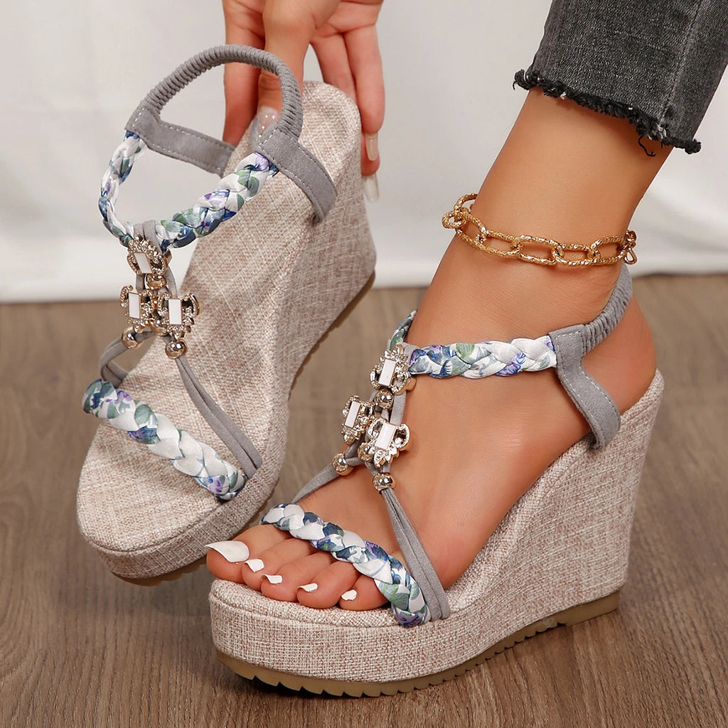 Metal Decor Wedge Sandals for Women Summer 2024 Braided Band Platform Gladiator Sandals Woman Thick Bottom Beach Sandalias Mujer