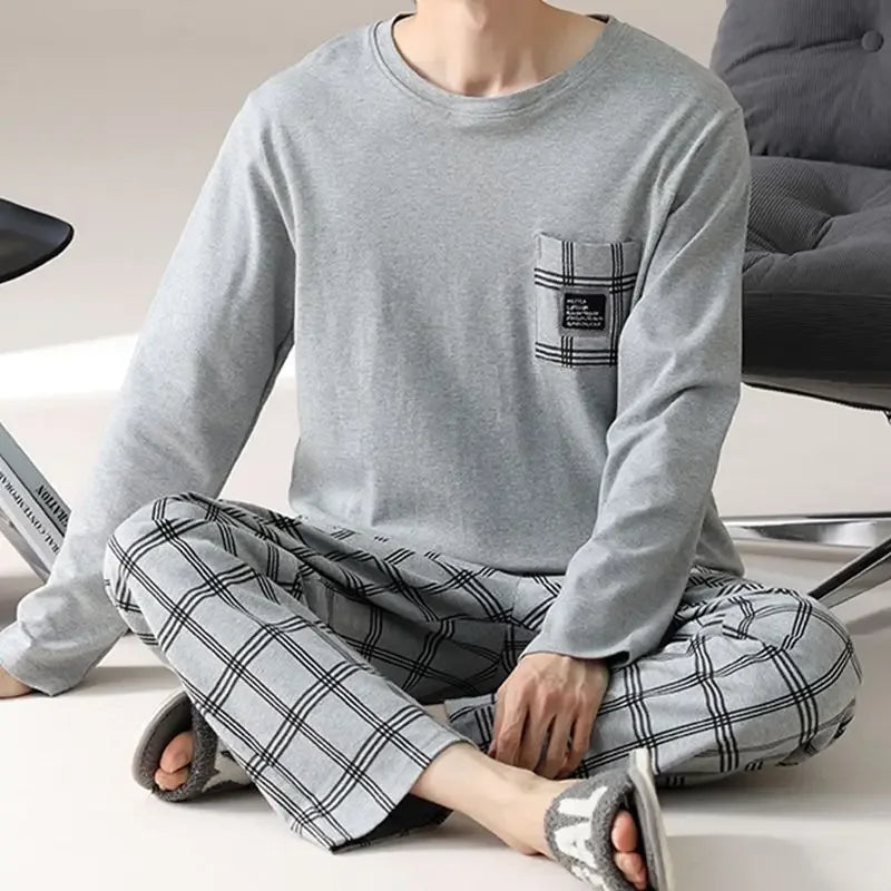 5xl 6xl Plus Size Big Pajamas Set Fat Man Long Sleeved Pullover Sporty Home Suits Knitted Cotton Sleepwear Father's Pyjama Homme