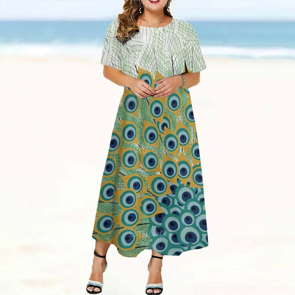 2024 New Design Women's Dresses Peacock Feather Print Midi Dresses Elegant Plus Size Female Short Sleeve Dress Fashion Summer