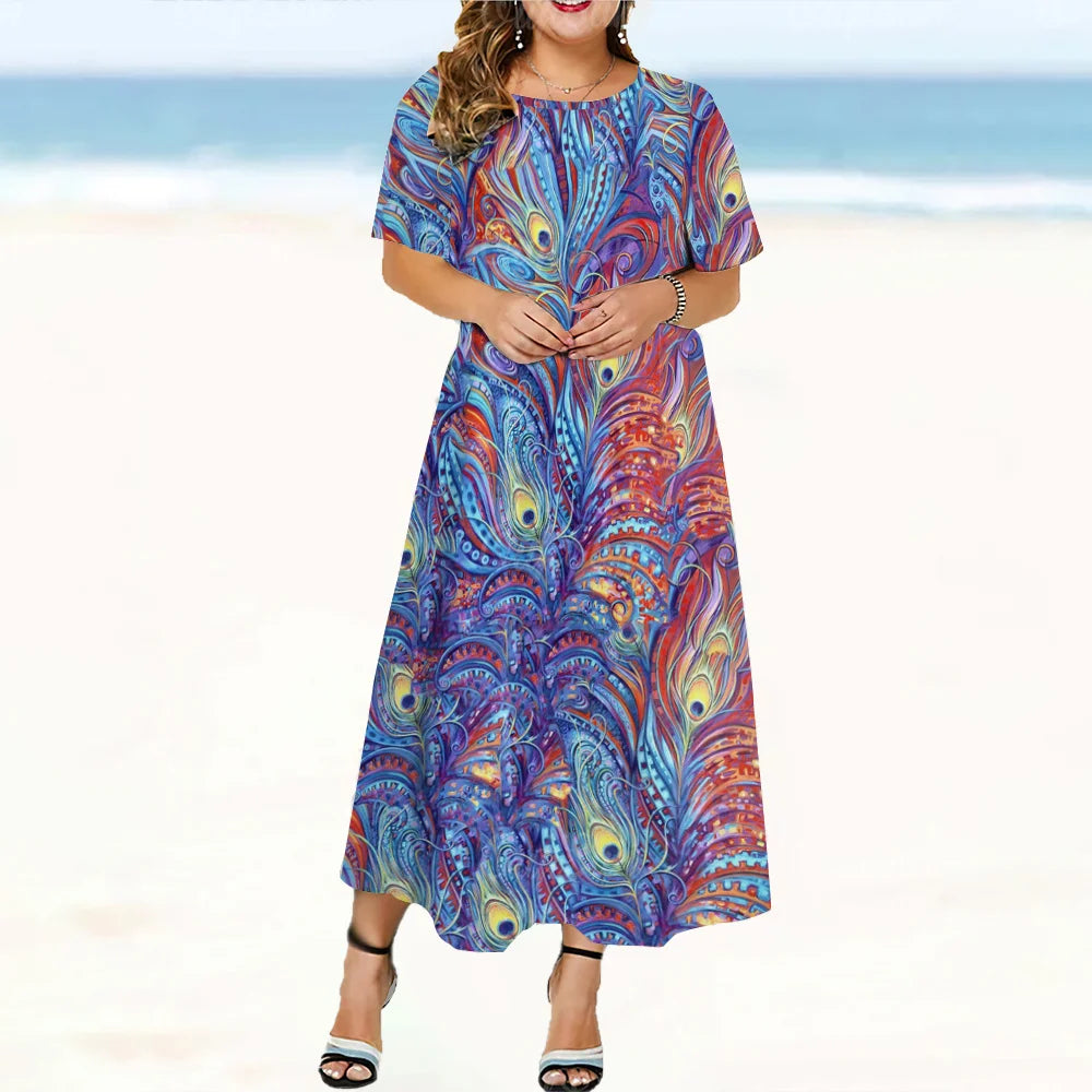 2024 New Design Women's Dresses Peacock Feather Print Midi Dresses Elegant Plus Size Female Short Sleeve Dress Fashion Summer