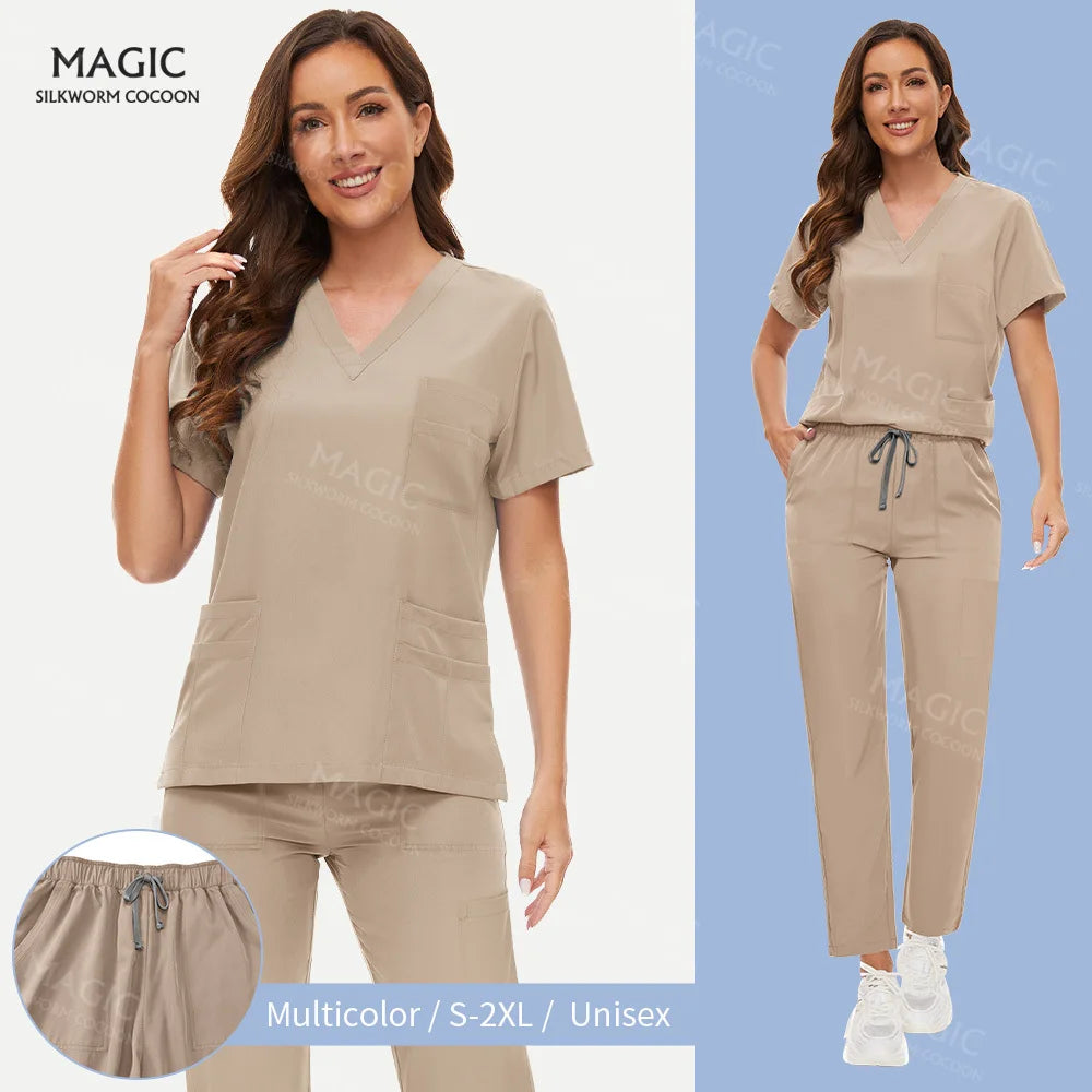 Surgical Uniforms Women Scrub Set Medical Accessories Nurse Beauty Salon Workwear Clinical Scrubs Top+Pant Doctor Nursing Suits