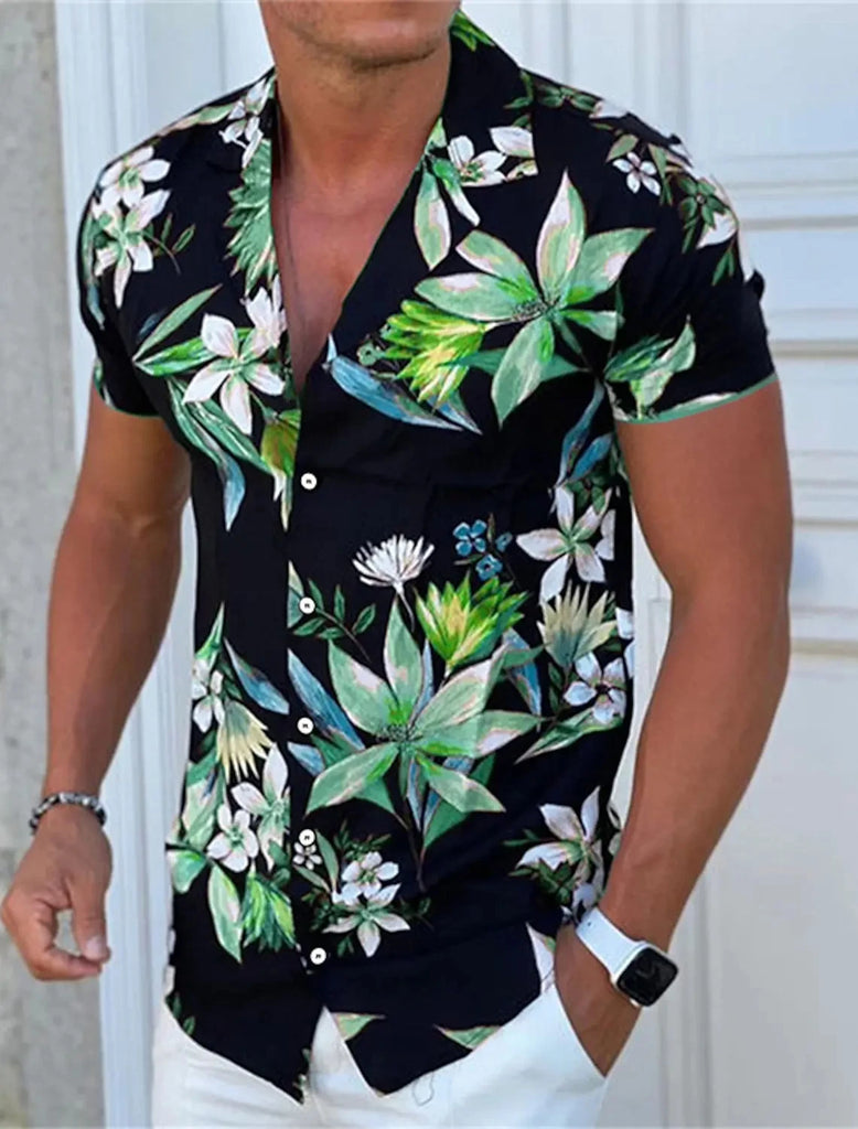 Men's New Flower Shirt Street Fashion Mature Men's Tops Maple Leaf Print Pattern Hawaiian Shirt Short Sleeve Casual Comfortable