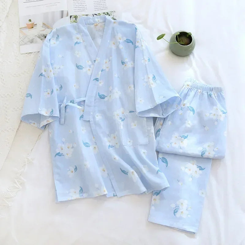 2024 new seven-sleeve Japanese-style kimono pajamas set female spring and autumn 100% cotton gauze home clothes cute sweet two-p