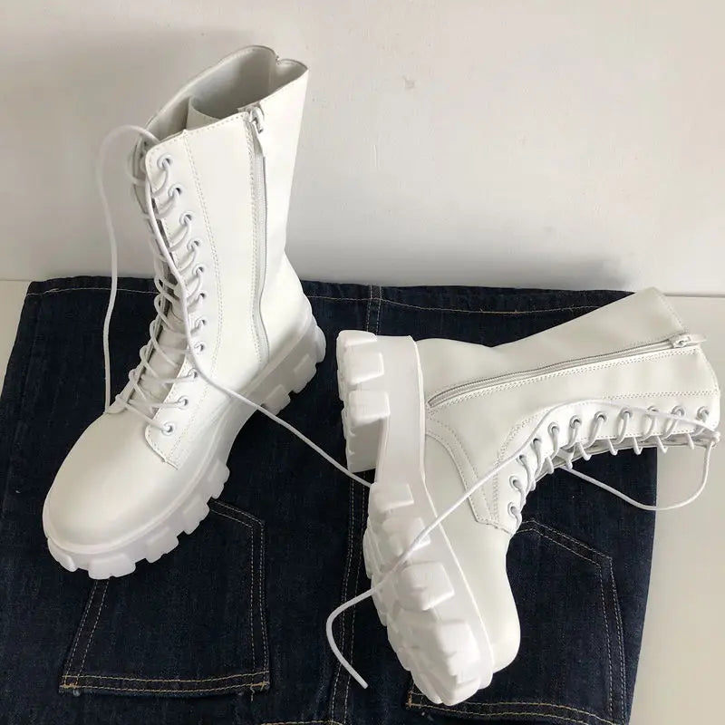 New Mid Calf Boots Women Fashion Lace-up Ladies Chelsea Zipper Botas Mujer Boots Sports Platform Heel Ladies Shoes