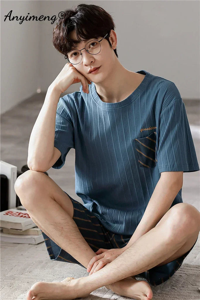 Sleepwear Set for Man Summer 2023 New Knitted Cotton Lounge Wear V Neck Leisure Home Suit Plus Size 4xl Two Piece Pajama Set Men