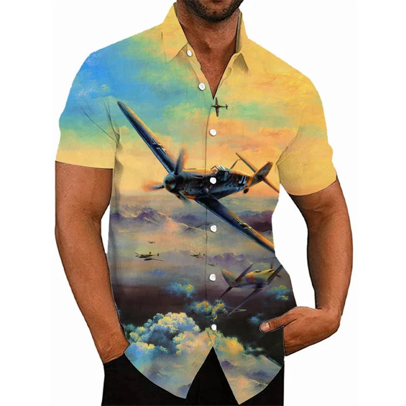 3D Printed Fighter Plane Pattern Hawaiian Shirts For Men Short Sleeve Casual Button Shirt Tops Mens Hip Hop Shirts Streetwear