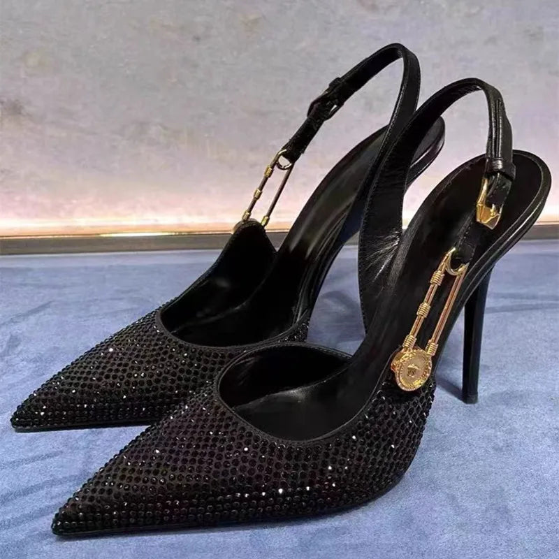 Luxury Rhinestones Sequined Buckle Women Pumps Elegant Pointed toe Slingbacks Stiletto High heels Summer Fashion Shoes