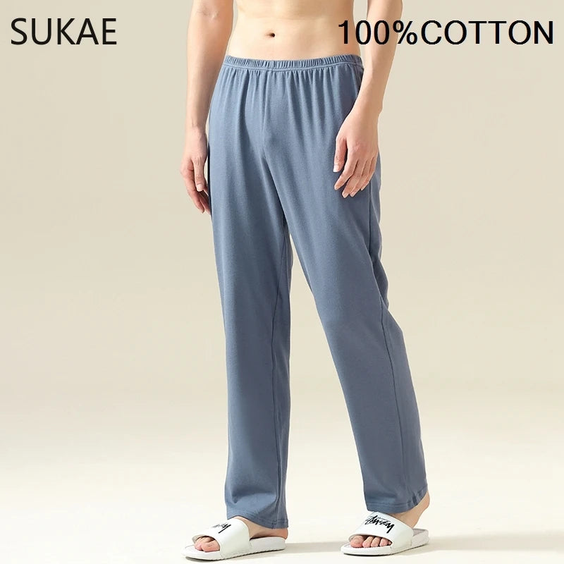 SUKAE 100% Cotton Mens Sleep Bottoms Autumn Spring Male Full Pants HQ Plaid Pj Pants for Boy Sleeping Long Lingerie for Man