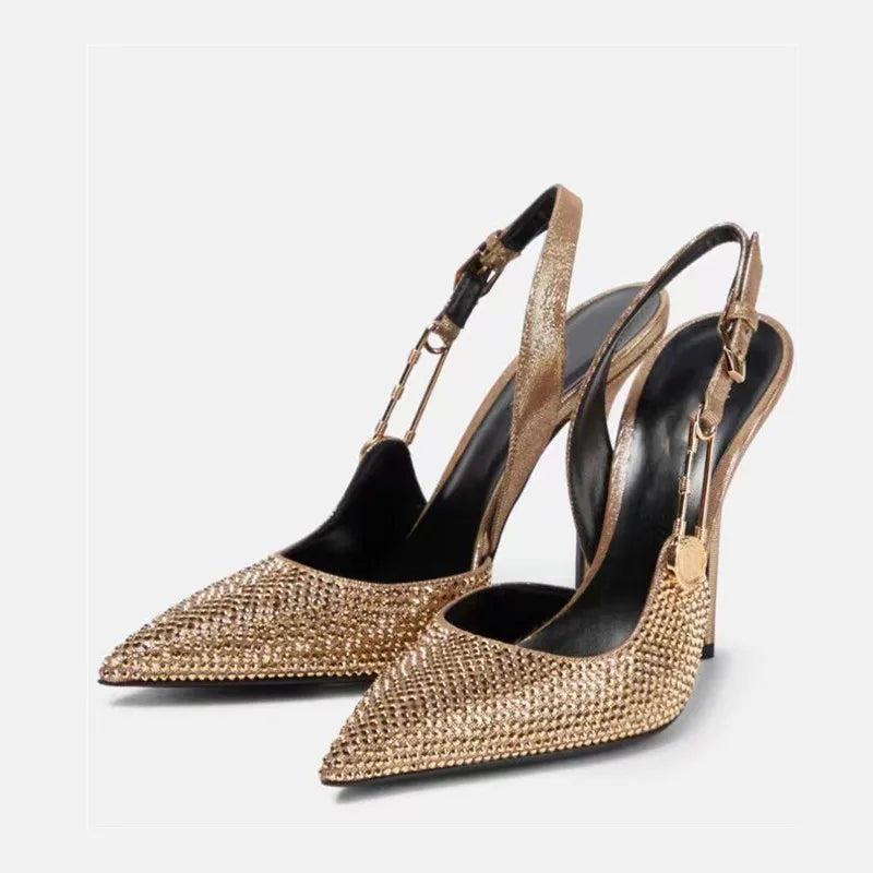 Luxury Rhinestones Sequined Buckle Women Pumps Elegant Pointed toe Slingbacks Stiletto High heels Summer Fashion Shoes