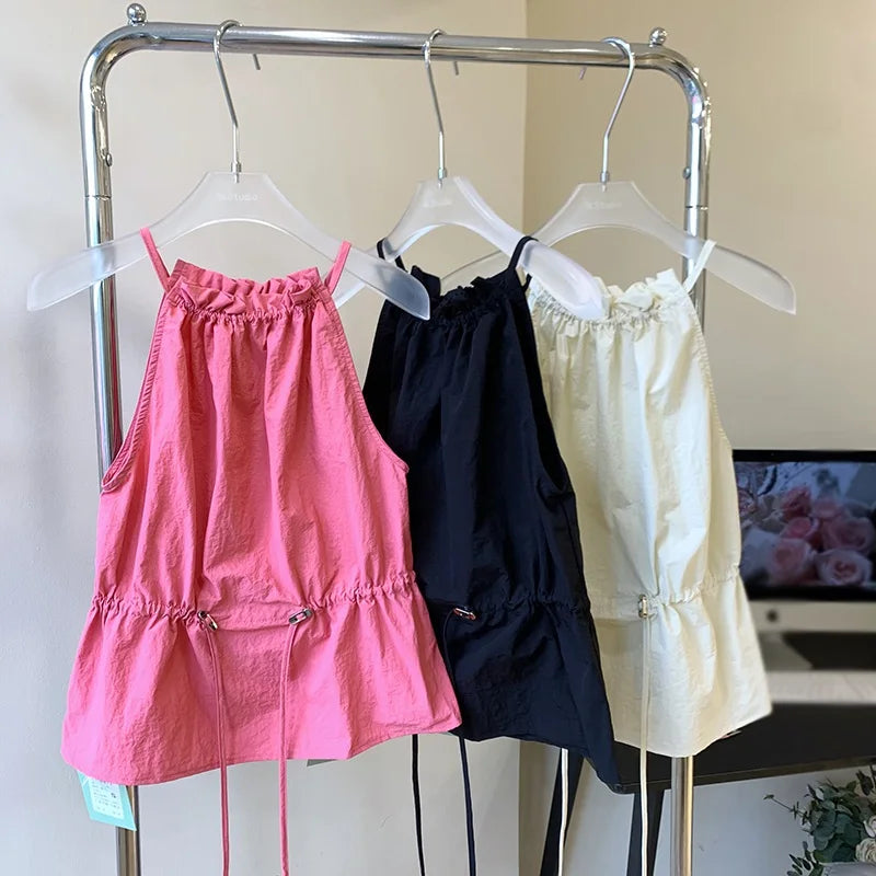 Drawstring Simple Women Tops Summer Women Tanks Lace-Up Halter Neck Sleeveless Loose Shirt Korean Female Crop Top Camisole .
