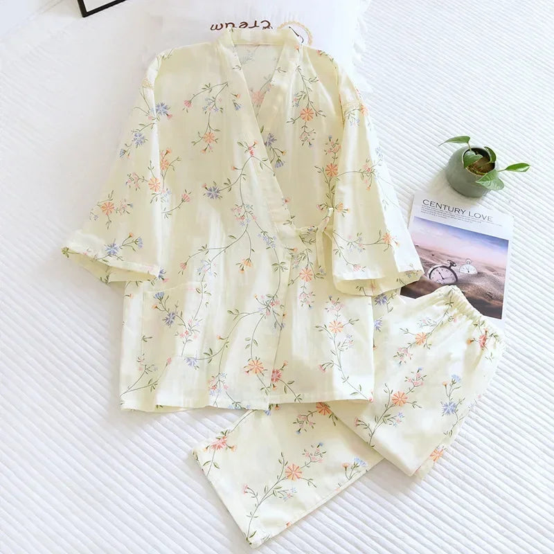 2024 new seven-sleeve Japanese-style kimono pajamas set female spring and autumn 100% cotton gauze home clothes cute sweet two-p