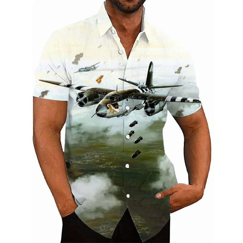 3D Printed Fighter Plane Pattern Hawaiian Shirts For Men Short Sleeve Casual Button Shirt Tops Mens Hip Hop Shirts Streetwear