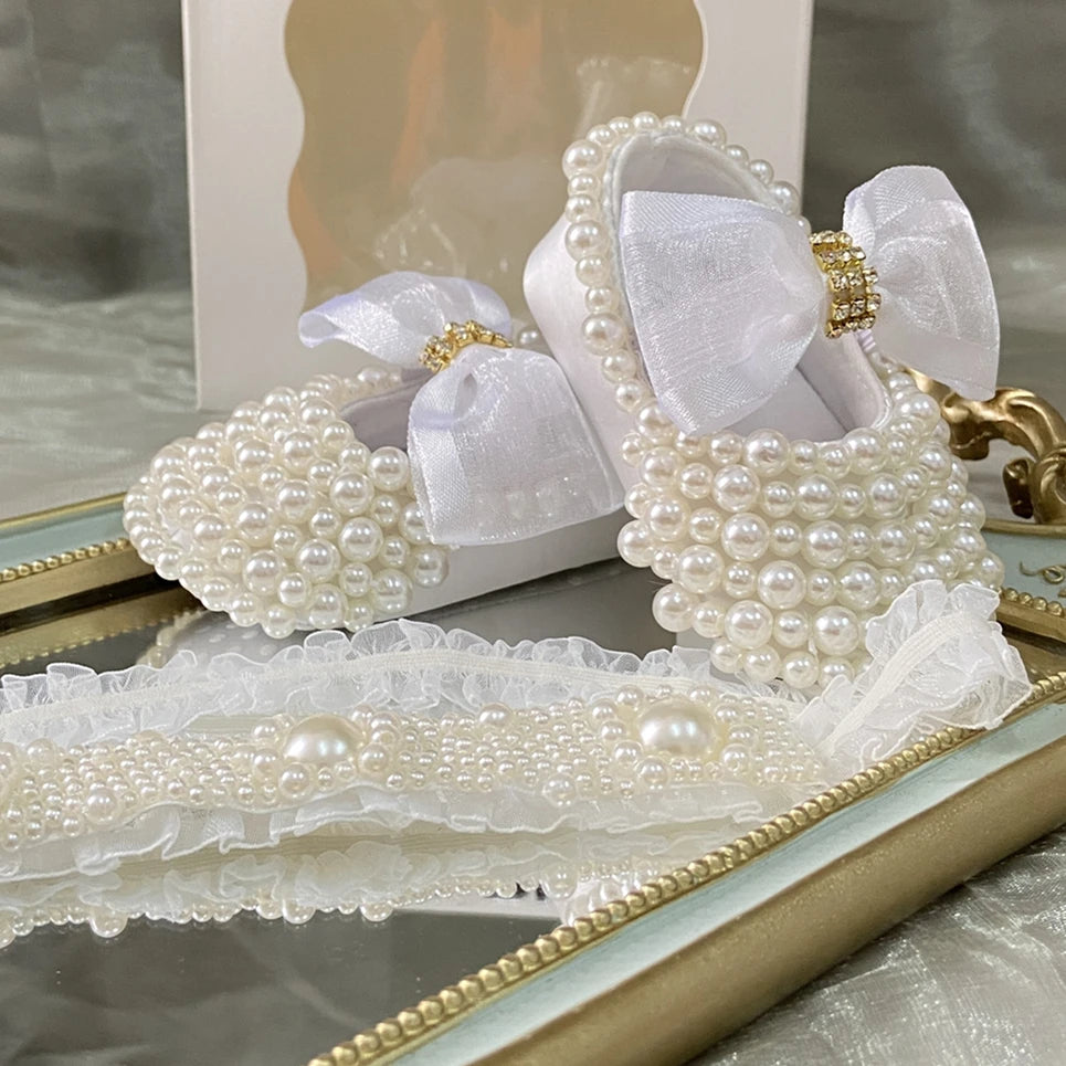 Dollbling Sparkle Pearly Baby Shoes and Headband Newborn Pacifier Gift Set Ivory Bead Designer Brand 0-1Y Girl Crib Ballet Shoes