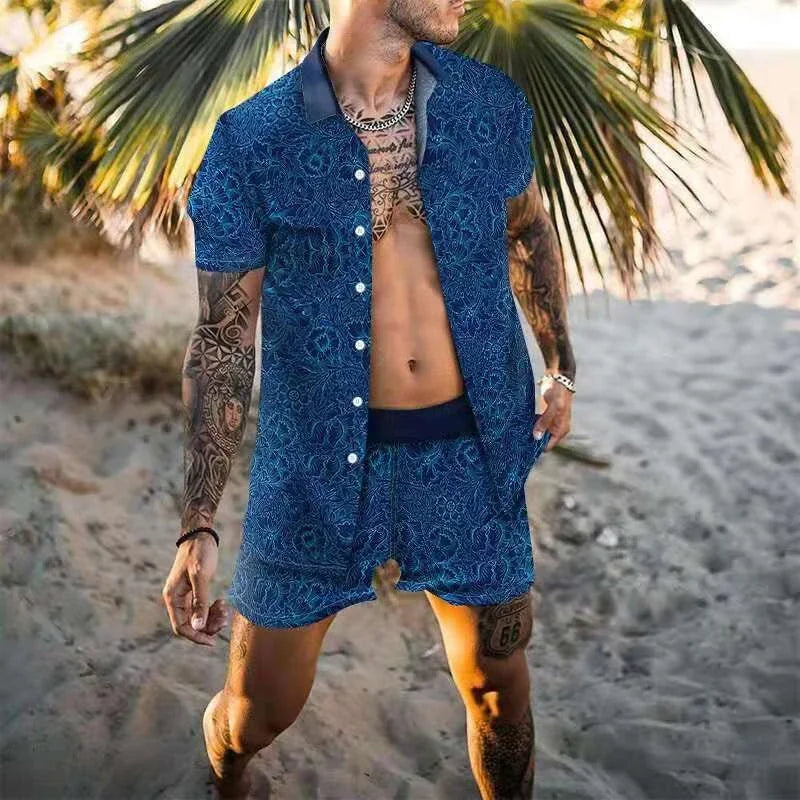 Summer Men's Printed Casual Short-sleeved Shorts Suit Hawaiian Holiday Beach Fashion Lapel Button Loose Sportswear Suit