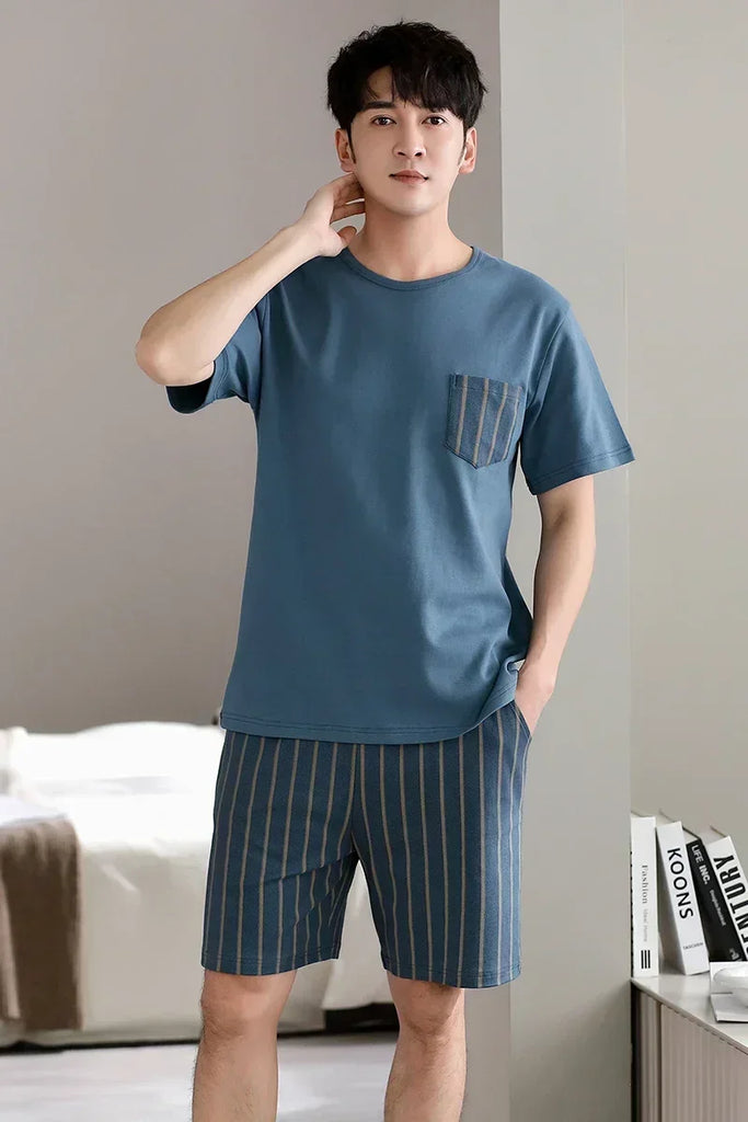 Sleepwear Set for Man Summer 2023 New Knitted Cotton Lounge Wear V Neck Leisure Home Suit Plus Size 4xl Two Piece Pajama Set Men