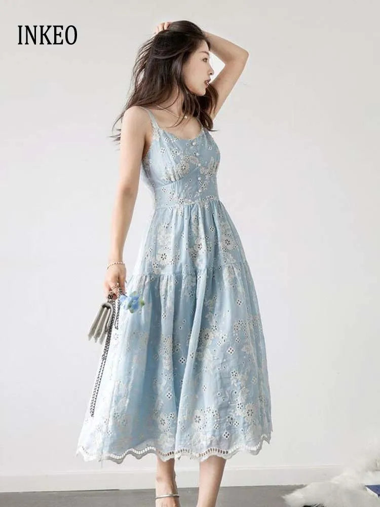 Sexy Lace embroidery Spaghetti Strap dress Women's Blue 2024 Summer Beach V-neck Floral button sleeveless dress Slim INKEO 4D071