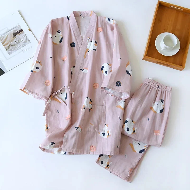 2024 new seven-sleeve Japanese-style kimono pajamas set female spring and autumn 100% cotton gauze home clothes cute sweet two-p