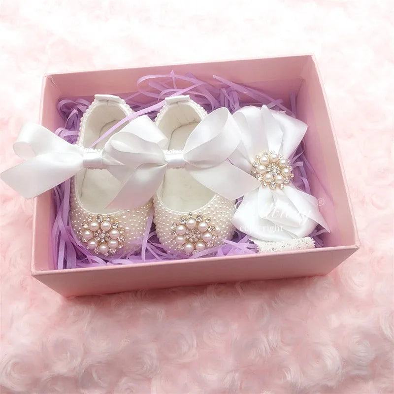 Dollbling Sparkle Pearly Baby Shoes and Headband Newborn Pacifier Gift Set Ivory Bead Designer Brand 0-1Y Girl Crib Ballet Shoes