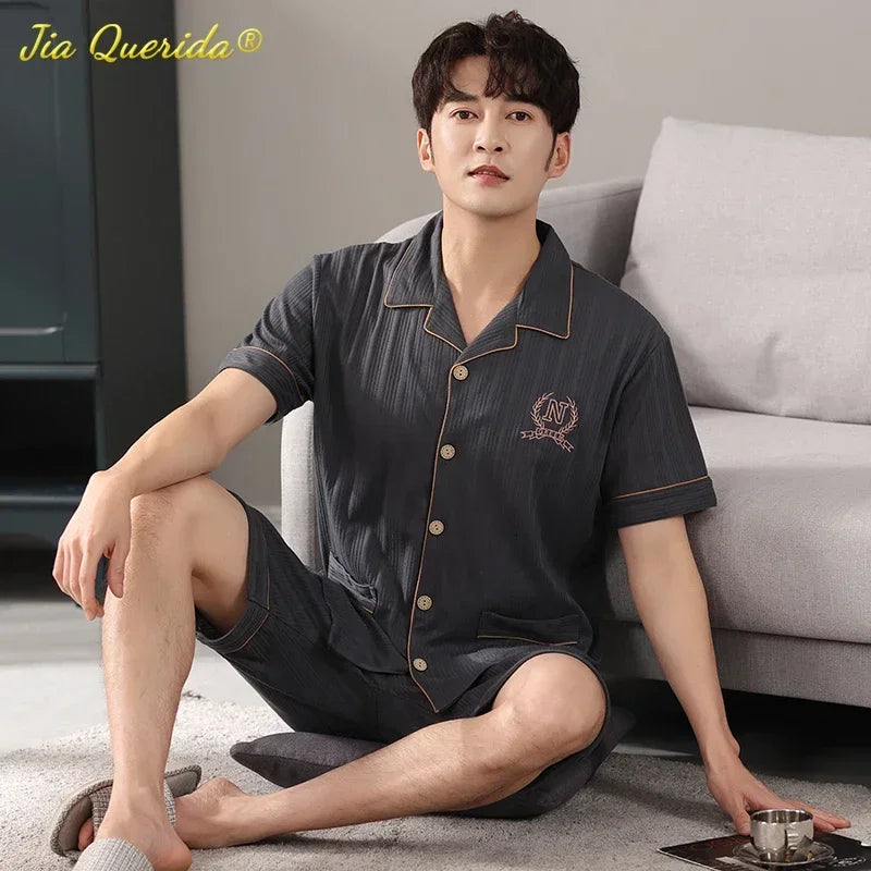 SUKAE Men Nightwear Home Clothing Summer Shorts Two Pieces Cotton Big Size 3xl 4xl Pajama V Neck Japanese Kimono Pjs Sleepwear