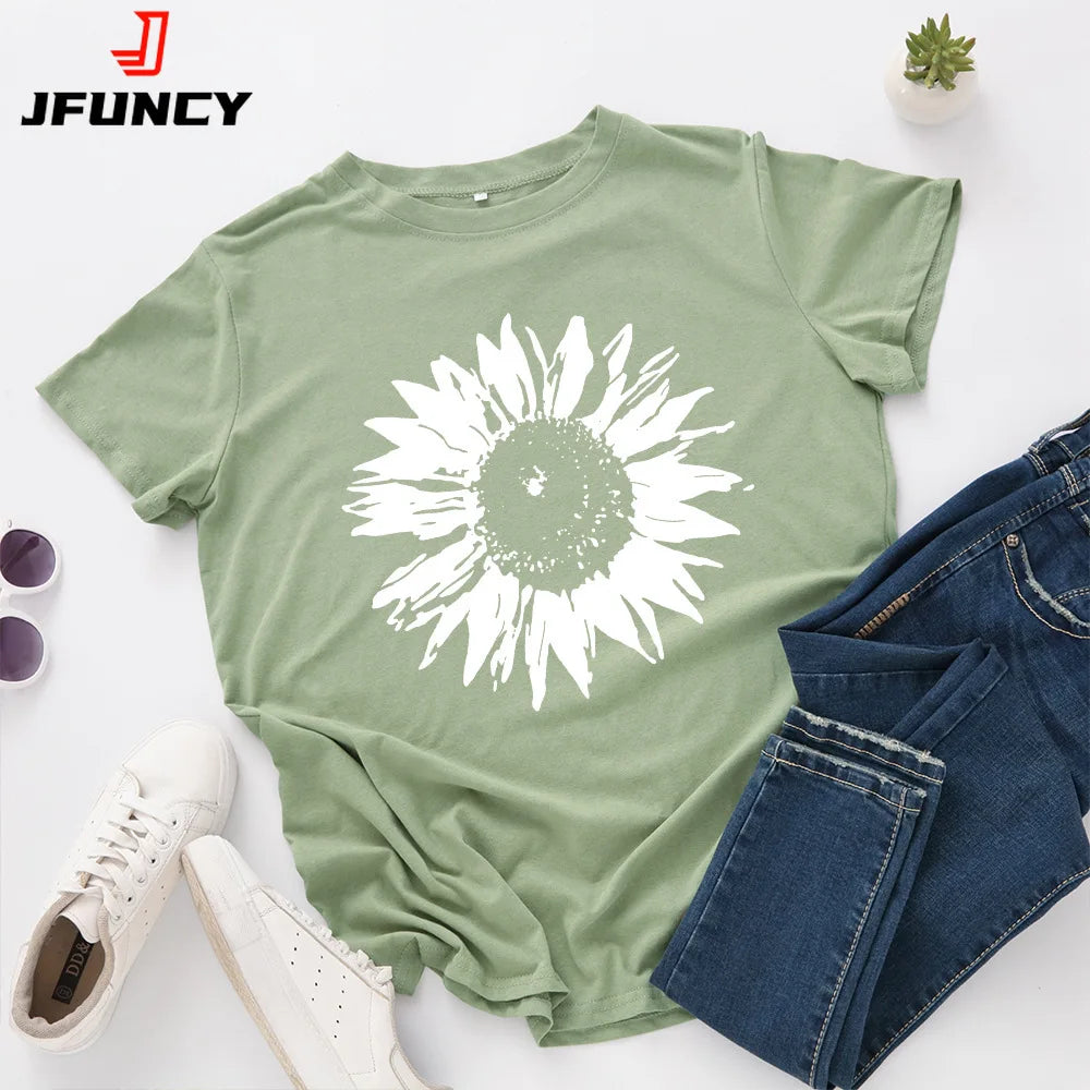 S-5XL Oversized Women T-shirts Female Short Sleeve Tee Tops Flower Printed Woman Casual Tshirt 2024 Summer Cotton T Shirt