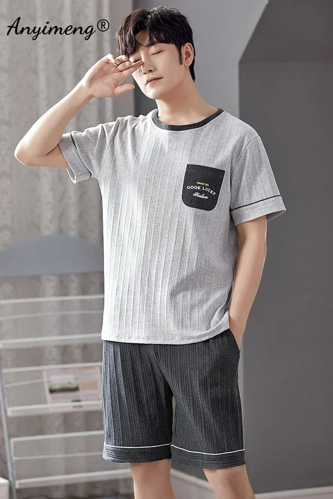 Sleepwear Set for Man Summer 2023 New Knitted Cotton Lounge Wear V Neck Leisure Home Suit Plus Size 4xl Two Piece Pajama Set Men