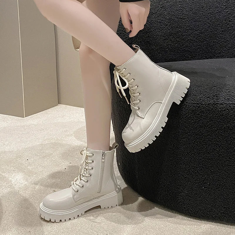 Women's Boots 2024 New British Style Plush Fashion Thick Bottom Motorcycle Boots Lace Comfort Zipper Snow Boots