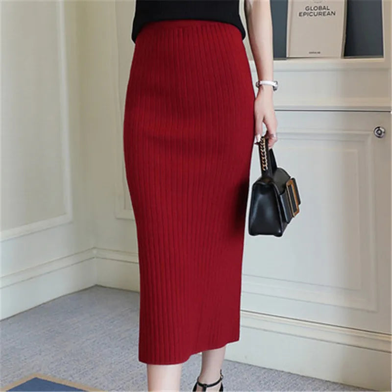 Woolen Skirts for Women Long Faldas Largas Knitted Saias Midi Slim Office Jupe Femme Pencil Skirt Black Ropa Mujer