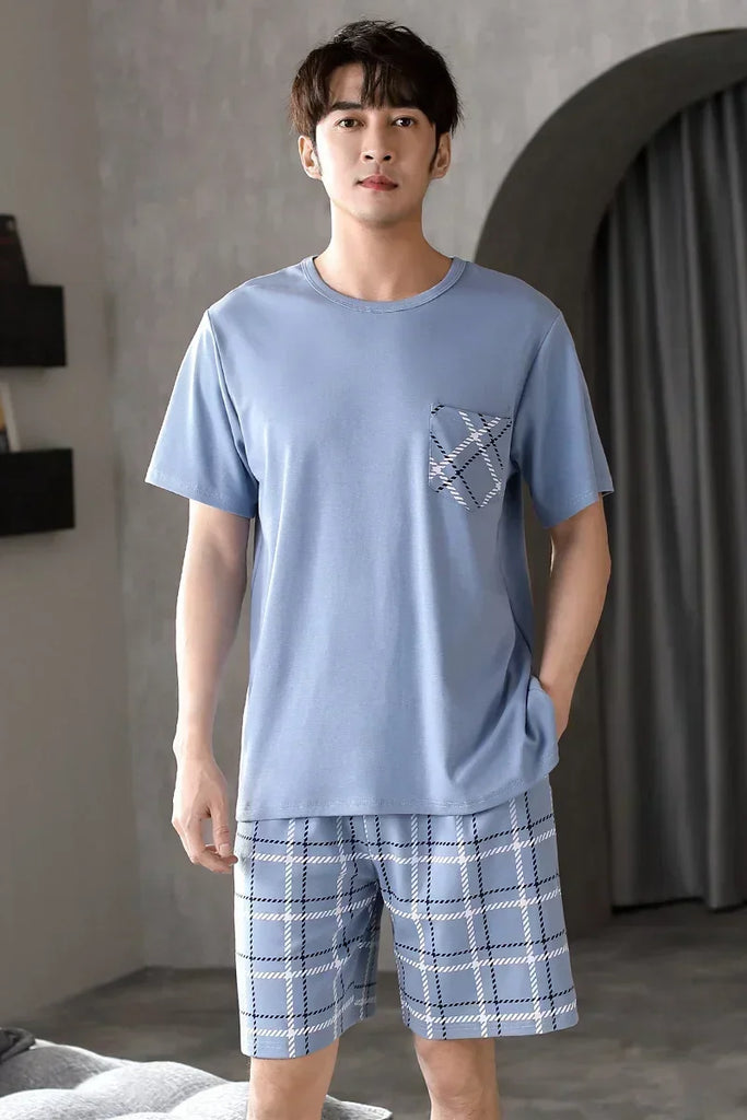 Sleepwear Set for Man Summer 2023 New Knitted Cotton Lounge Wear V Neck Leisure Home Suit Plus Size 4xl Two Piece Pajama Set Men